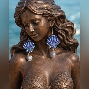 Handpainted shell earrings w crystal rhinestones metal charm lightweight OOAK